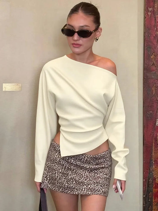 Mozision Inclined Shoulder Long Sleeve Sexy T-shirt Women Autumn Fashion Solid Skew Collar Backless Ruched Club Party T-shirts.