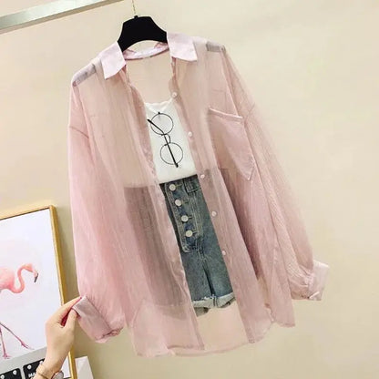 Summer Sunscreen Shirt Elegant Perspective Thin Chiffon Blouse Korean Harajuku See Through Loose Top Casual Women's Cardigan.