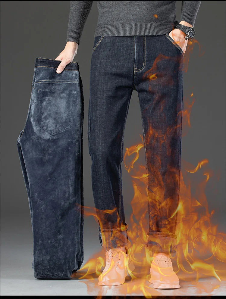 28-40 Large Size Winter Men Plush Thick Fleece Trouser Lambswool Thermal Jeans Casual Pants Windproof Warm Cotton Denim Pants.