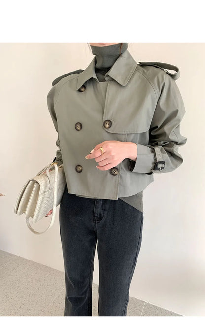 Vintage Zweireiher Graben Jacken Frauen Lose Chic Büro Dame Crop Tops Herbst Weibliche Mäntel Alle-spiel Lose Windjacke