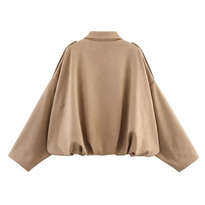 TRAFZA Damen-Jacke mit Wildleder-Textur, High Street, lange Ärmel, Umlegekragen, elastischer Reißverschluss, Knopfleiste, solider, trendiger Frühlingsmantel