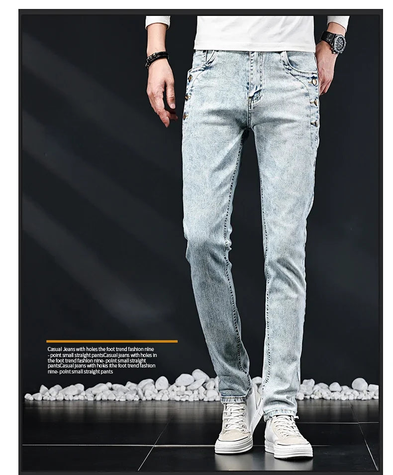 Slim Skinny Jeans Men New Elastic Korean Design Fashion Multi-Button Blue White Vintage Wash Cotton Stretch Denim Pants Trousers.