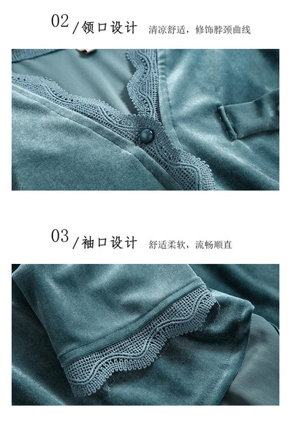 Fdfklak 2Pcs Gold Velvet Pajamas Set For Women Warm Pyjama Sexy V-Neck Lace Homewear Autumn Winter New Pijamas Long Pant.