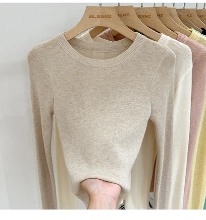 Spring  Basic O-Neck Slim T-Shirt Women Solid Multi Color All-Match Trend Casual Top Screw Knit Long Sleeve Elastic Office Lady.