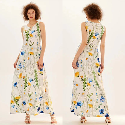 Blumendruck Neues lässiges ärmelloses langes Kleid Damen V-Ausschnitt bedrucktes Kleid Swing Bohemian Retro Kleider