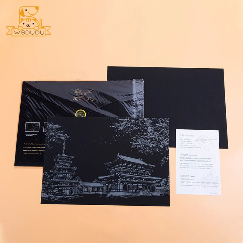 4PCS Scratch Art Paper World Landmarks Animals Painting Toy with Stylus Stress Relief Drawing Kids Adult Gift Glow in Dark Craft.