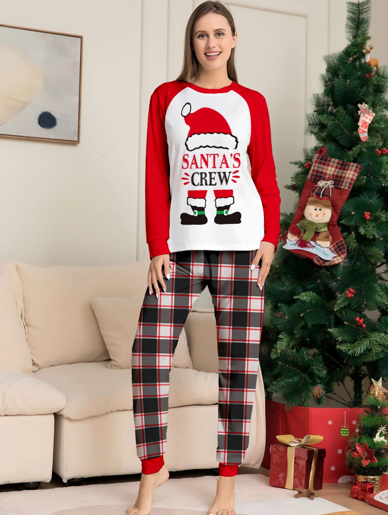 Christmas Couple Pajamas Set - Raglan Sleeve White & Red "Santa's Crew" Print & Plaid Pants Sleepwear.