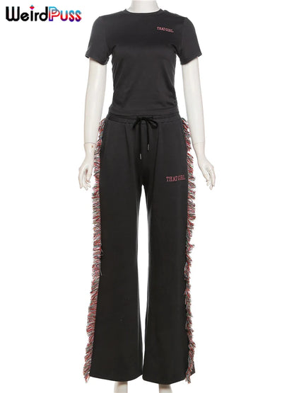 Weird Puss Casual Sporty 2 Piece Set Women Letter Embroidery Crop Tops+Side Tassel Straight Pants Matching Streetwear Tracksuits.