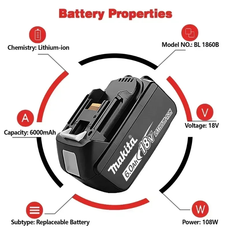 100% original Makita battery, 18V 6.0Ah rechargeable battery, replacing Makita BL1830BL1840BL1850BL1860B, power tool battery.
