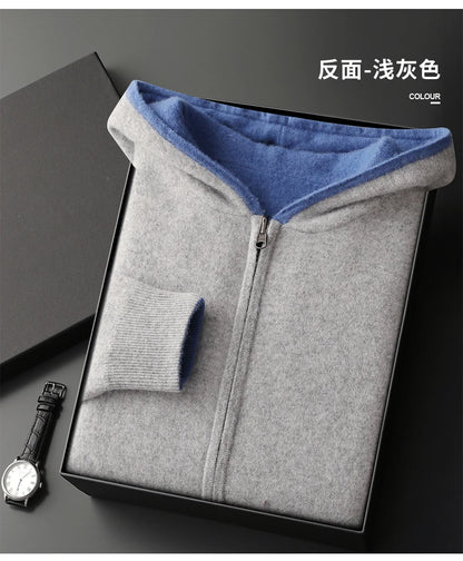 Autumn Winter Pure Cashmere Sweater Double-sided Cardigan Men's Casual Zipper Thickened Cashmere Knitted Hooded Sweater Coat