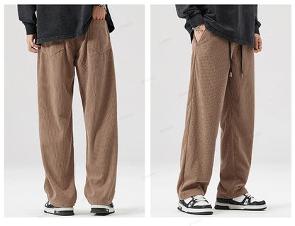 OUSSYU Brand Autumn Winter Men's Stripe Corduroy Pants Elastic Waist Drawstring Straight Thick Outdoors Loose Casual Trousers.