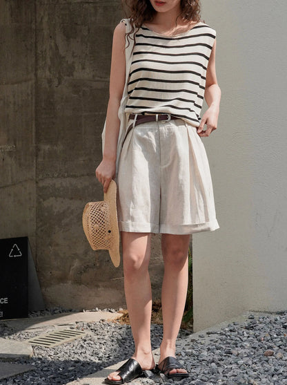 Summer Korea Style Lazy Linen Curled Bermuda Shorts Wide Leg Loose Slim Casual Hot Pants For Women.