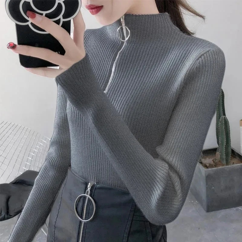 Spring Autumn Skinny Elastic Knitted Shirt Women Pullover Sweater Tops Female Long Sleeve Slim Mock Neck Knit Bottoming Shirts.