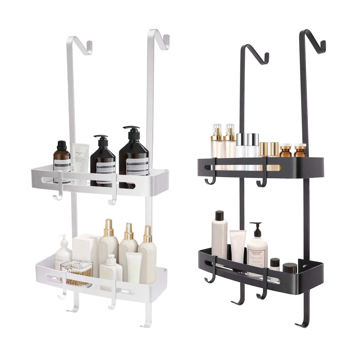 2-stufiges Badezimmerregal, hängendes Duschregal, silberfarbenes/schwarzes Regal, 6 Haken für Badezimmer, Küche, Wohnzimmer