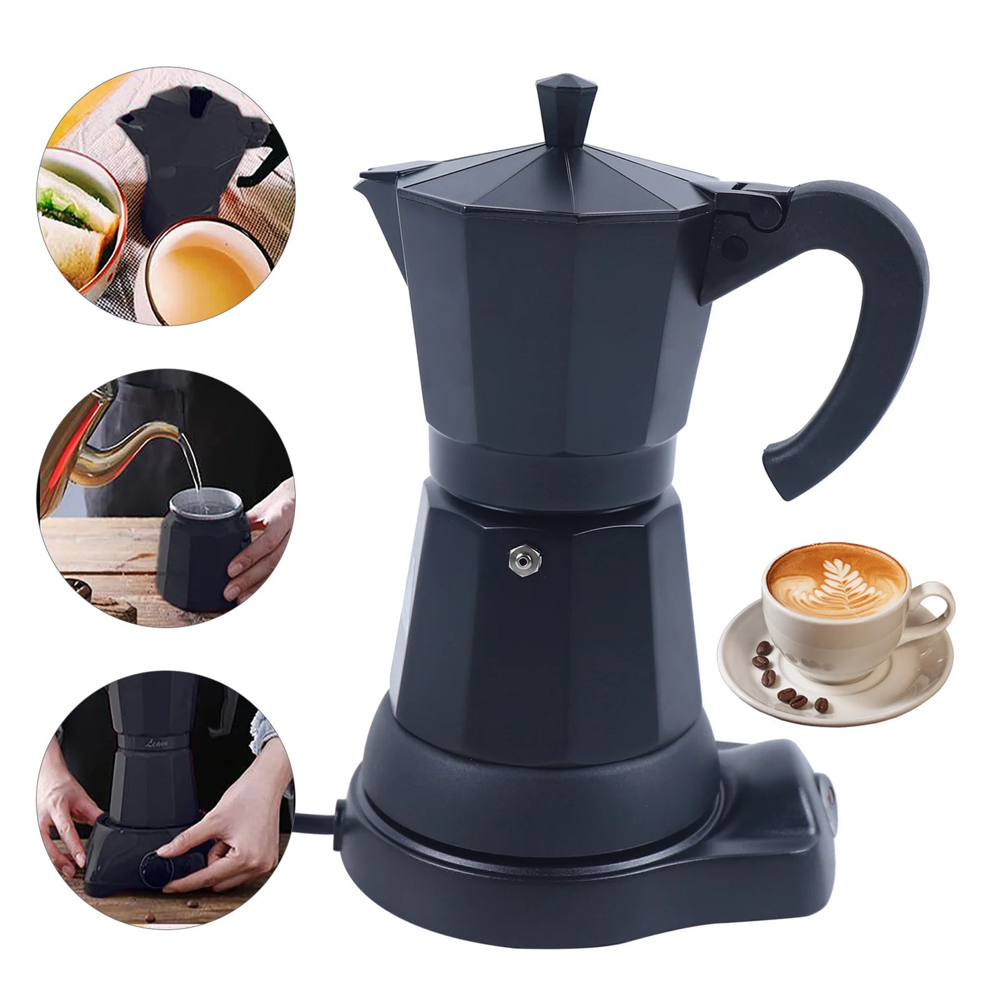 300 ml Electric Coffee Machine Aluminium Espresso Maker Mocha Espresso Pot with Separate Base.
