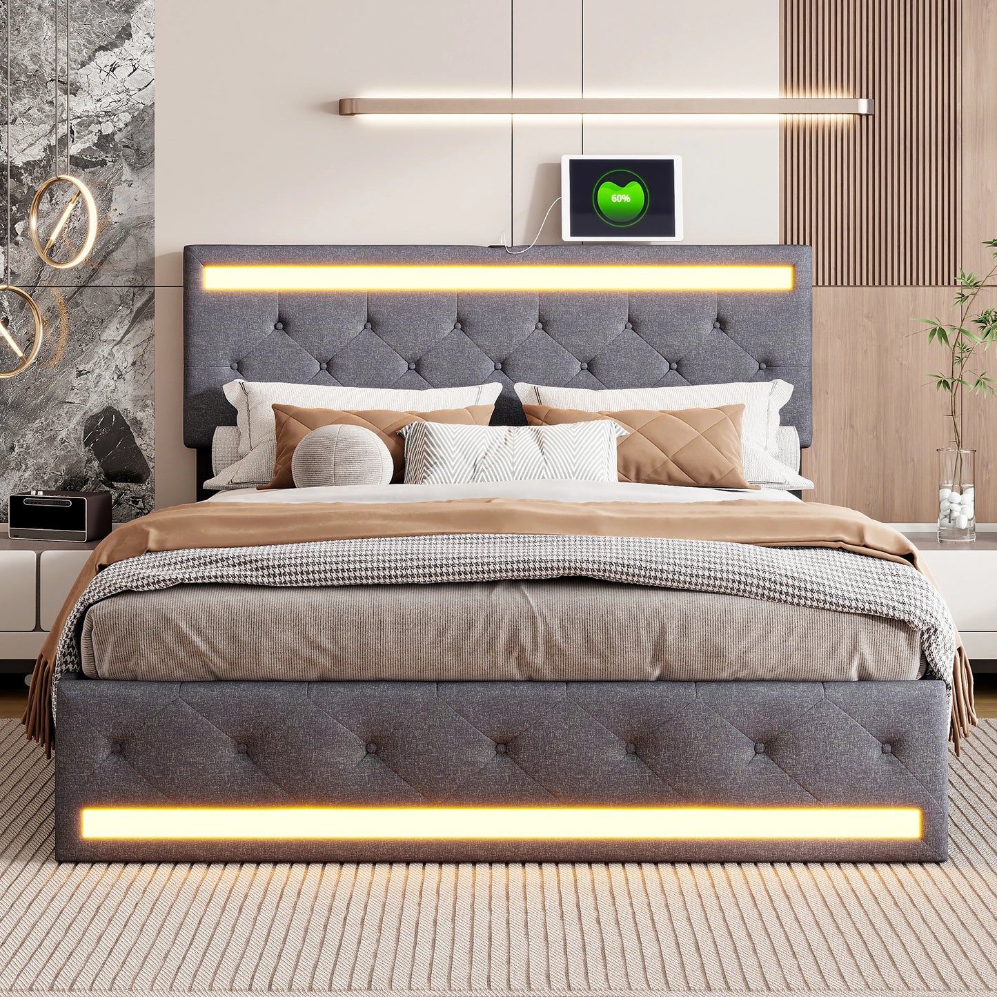 Comanlai 140 x 200 cm/160 x 200 cm/180 x 200 cm Doppelbett mit LED-Licht und 4 Schubladen, gepolstertes Bett mit USB-Ladeanschluss, Leinen