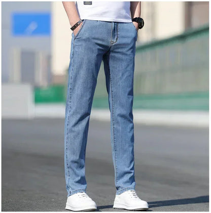 Thin Men's Baggy Soft Casual Jeans Gray Summer Fashion Versatile Comfortable Stretch Straight Casual Jeans Light Blue Male.
