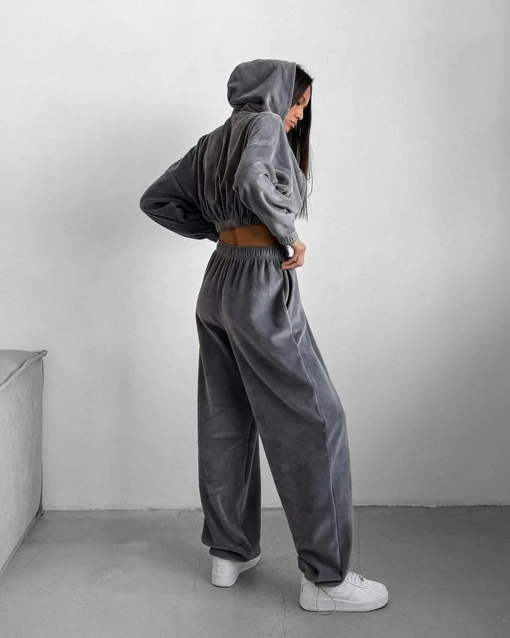 Fall Winter Women's Fashion Hooded Stand Collar Sweatshirt Set Casual Loose Fit Two Piece Streetwear Lounge Gym Ourdoor Outfit.