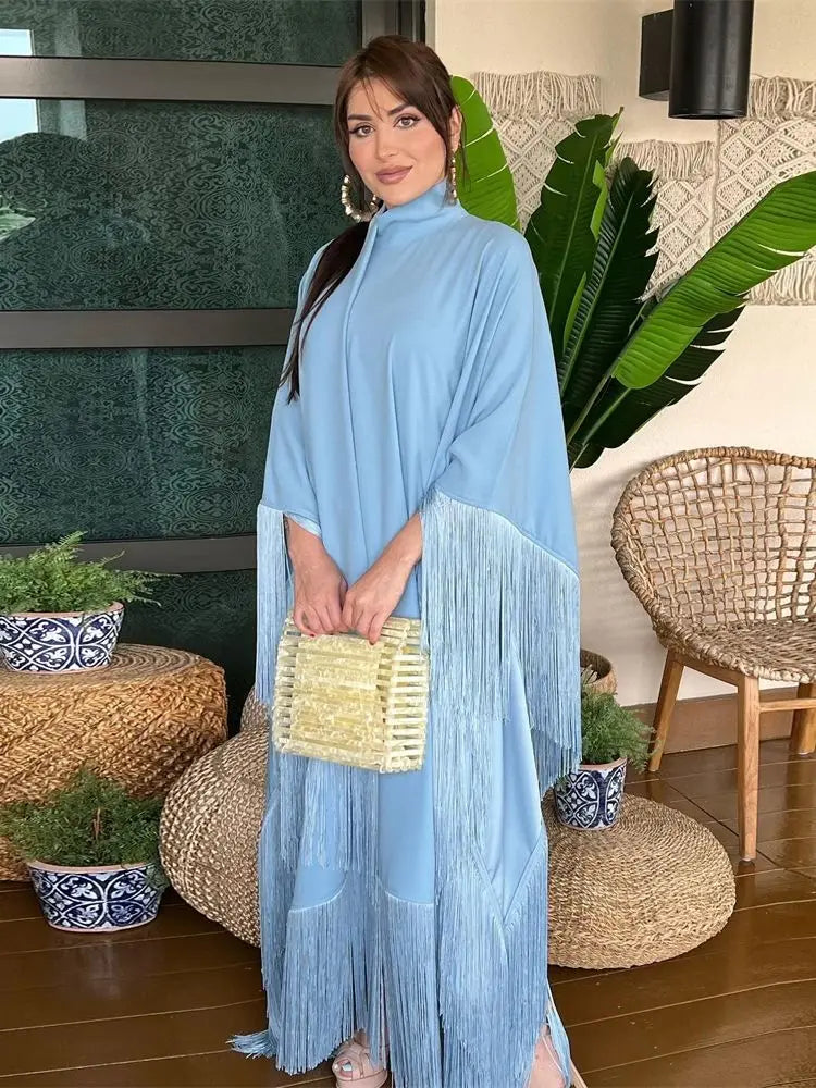 Eid Satin Luxury Green White Black Pink Khimar Tassel Butterfly Batwing Abaya For Women Islam Muslim Maxi Dress Kaftan Kebaya