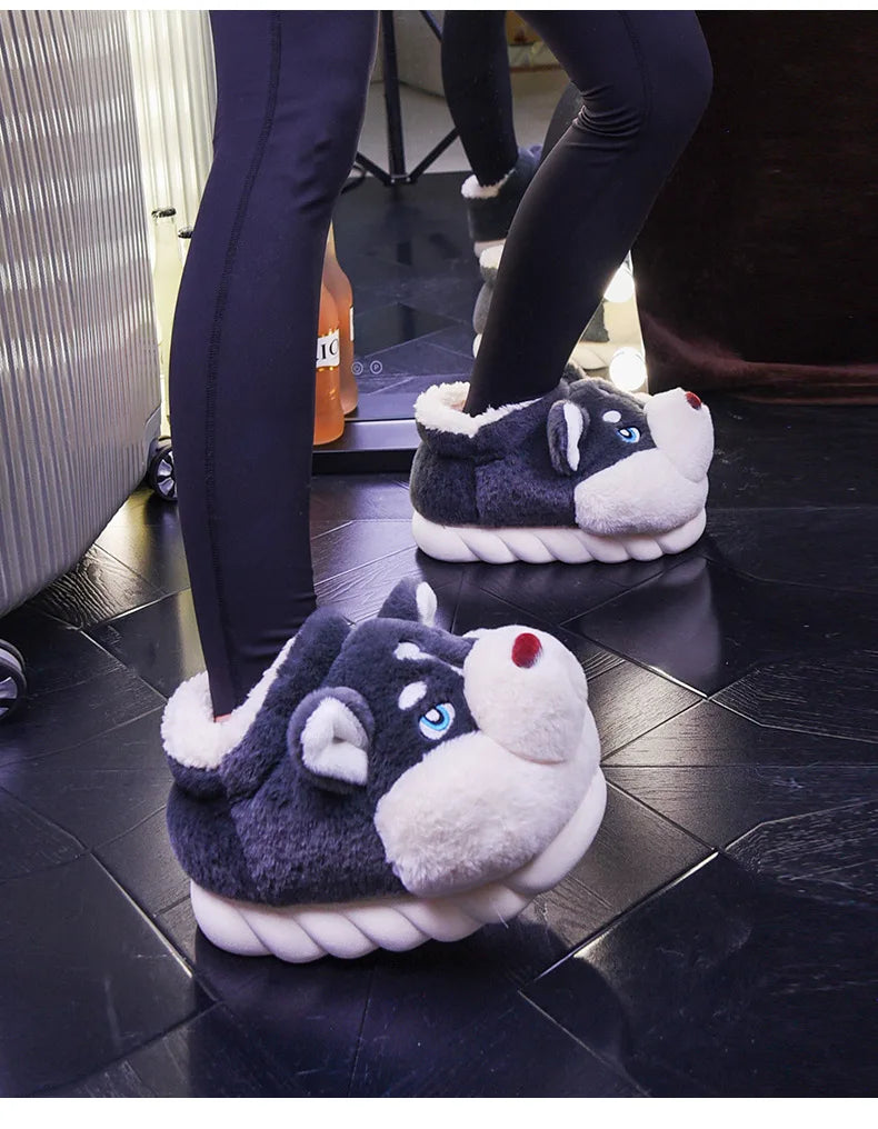 Women Indoor Cotton Slippers Cute Cartoon Dog Winter Warm Shoes Couples Home Floor Slides Anti-slip  Female Male House Footwear.