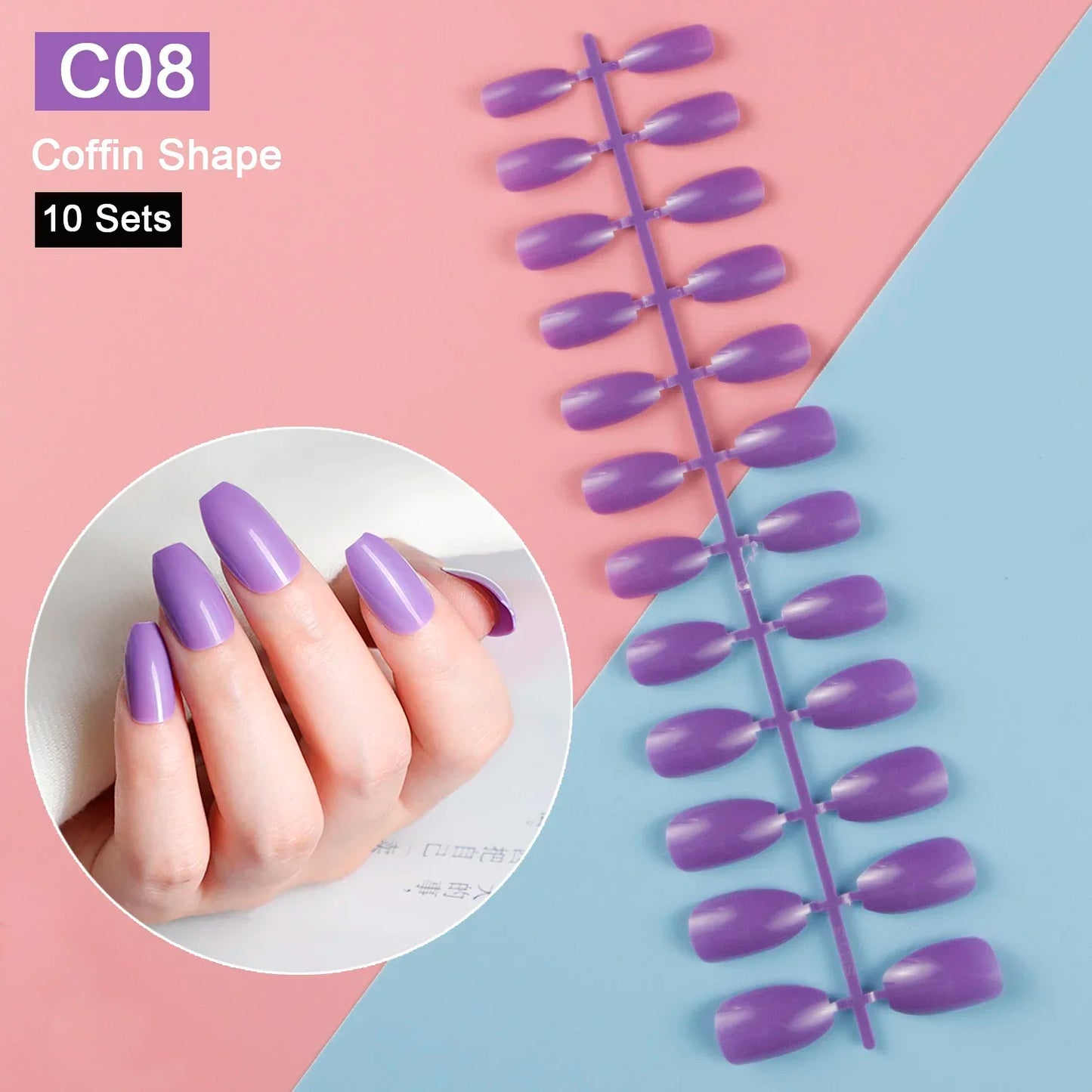 10 Sets/Pack Mixed Solid Colors Coffin Round Square Almond Shape False Nails Full Cover Nail Tips Short Fake Nails Tip Manicure