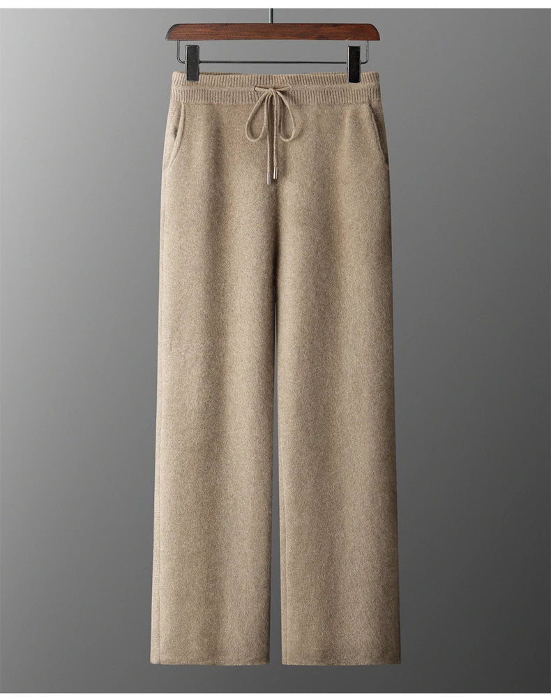 4PINK Thickened 100% Pure Cashmere Pants Men High Waist Knitted Wide Leg Pants Solid Color Lace Up Straight Pants Elastic Waist.