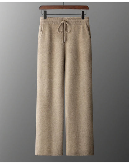 4PINK Thickened 100% Pure Cashmere Pants Men High Waist Knitted Wide Leg Pants Solid Color Lace Up Straight Pants Elastic Waist.