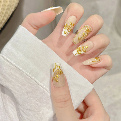 10pcs Handmade Autumn Press On Nails Mid-length Ladder Gold Foil Flower Tips Fake Nail White French Style False Nail For Women.