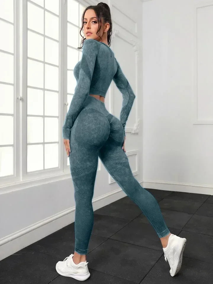 2 Piece Acid Wash Gym Set Women Seamless Long Sleeve Leggings Tracksuit Sports Fitness Suit Scrunch Workout Clothes Yoga Outfits.