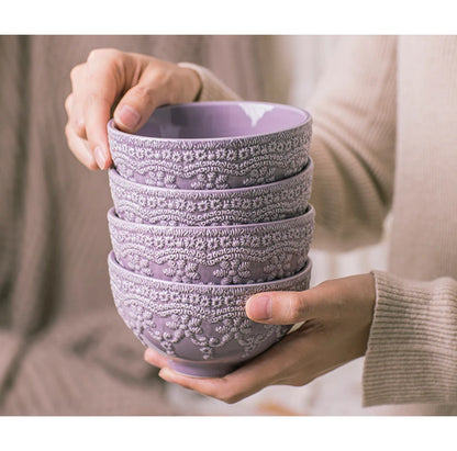 Solid Color Ceramic Tableware Lace Embossed Ceramic Tableware Bowl Plate Cup Rustic Irregular Dinner Plate  Dinner Plates.