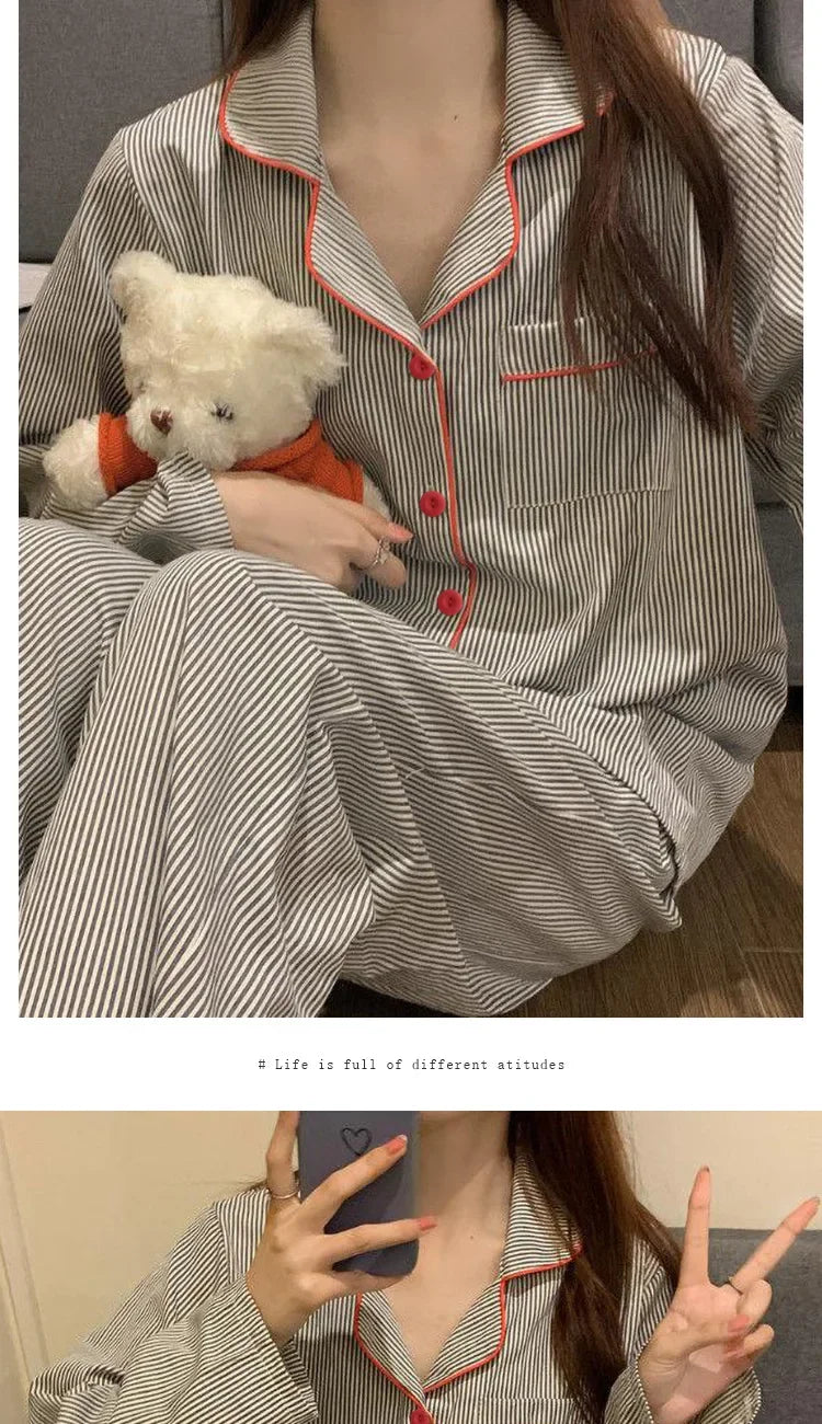 2 Teile/satz frauen Langarm Lose Atmungs Student Nachtwäsche Loungewear Strickjacke Grau Gestreiften Mädchen Mode Pyjamas Homewear.