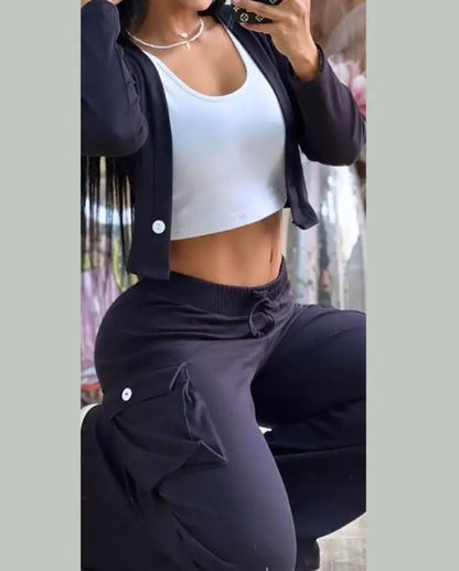 Women's Spring Summer New Fashionable Solid Color Printed Sexy Waist Short Top Casual Pants Set For Women.