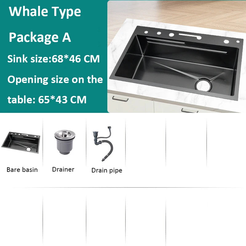 Whale style kitchen sink digital display flying rain waterfall stainless steel dishwashing pool vegetable washing basin multifun