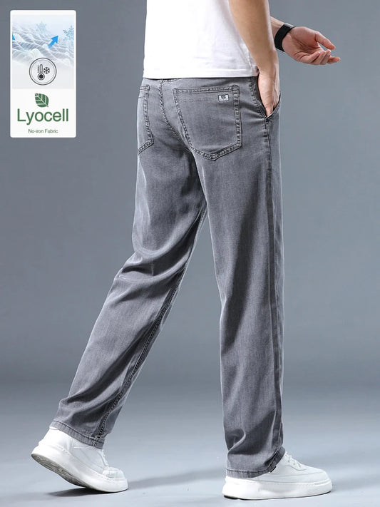 Summer Thin Men's Loose Straight Jeans Lyocell Soft Drape Business Casual Trousers Classic Smoke Gray Brand Ice Silk Pants.