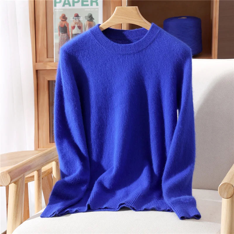 Women's Round-neck Mink Cashmere Sweater Soft Pullover Jumper Comfortable Knitted Top for Autumn Winter Pure Mink Material.