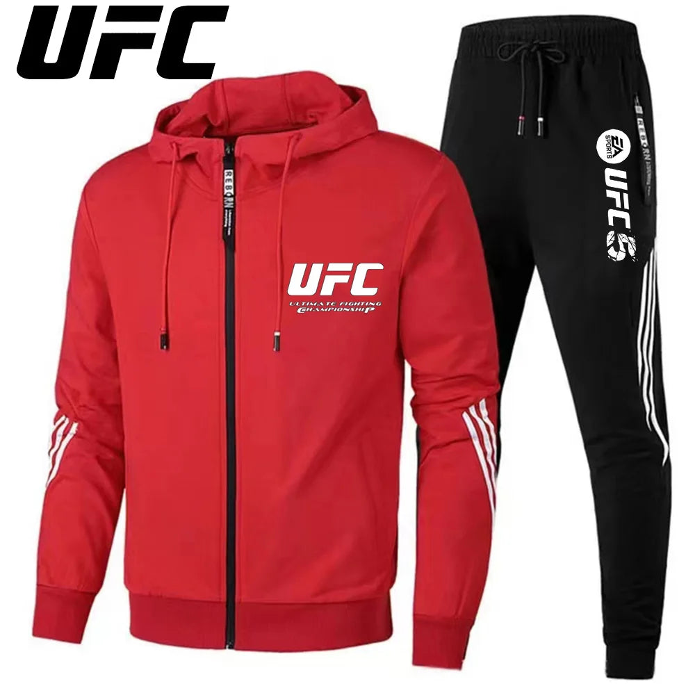 UFC New Frontier Men's Casual Sports Set Fashion Zipper Jacket Running Women's Men's Sports Set UFC Printed Outdoor Hoodie Set.
