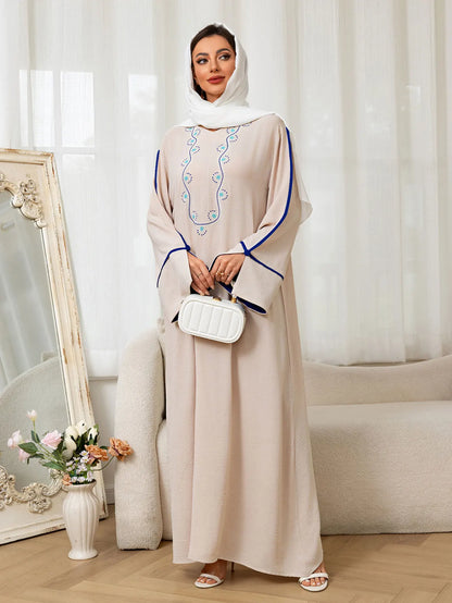 Beige Abaya Embroidered with Blue Patterns on Neckline Sleeves with Trim for Middle East Daily Wear Islamic Festivities Ramadan.
