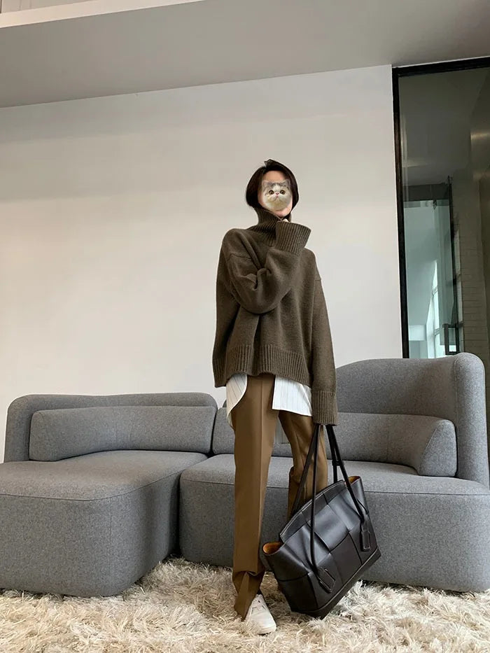 2023 Autumn and Winter New Thick  Sweater Women High Neck Pullover Sweater Warm Loose Knitted Base Sweater Jacket Tops