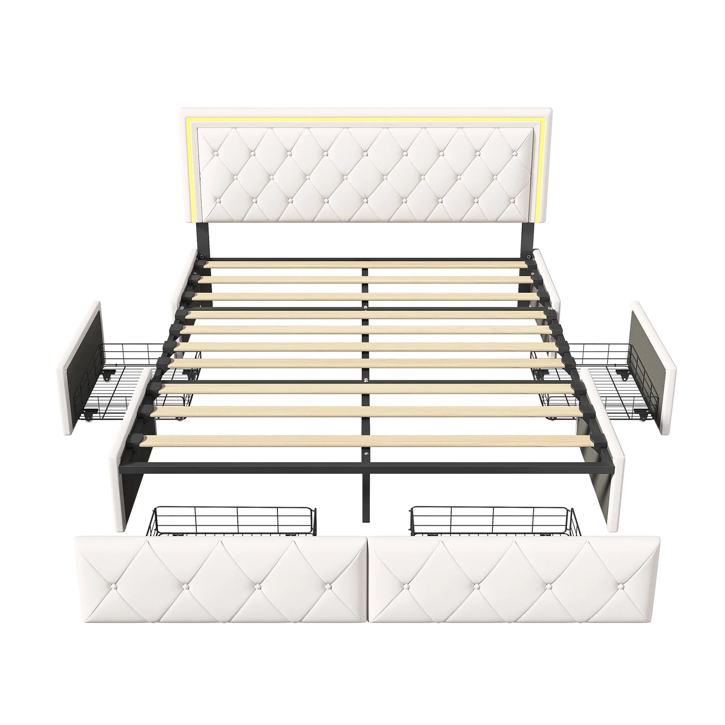 Lazyspace PU-Polsterbett, weißes Einzel- und Doppelbett mit Lattenrost, Holz, mit 4 Schubladen und LED-Kopfteil