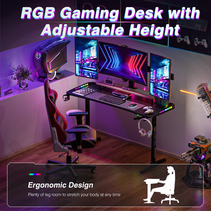 Höhen verstellbarer Gaming-Schreibtisch Stehpult, großer Gaming-Computer-Schreibtisch mit RGB-LED-Leuchten für Spiele und Home Office, schwarz