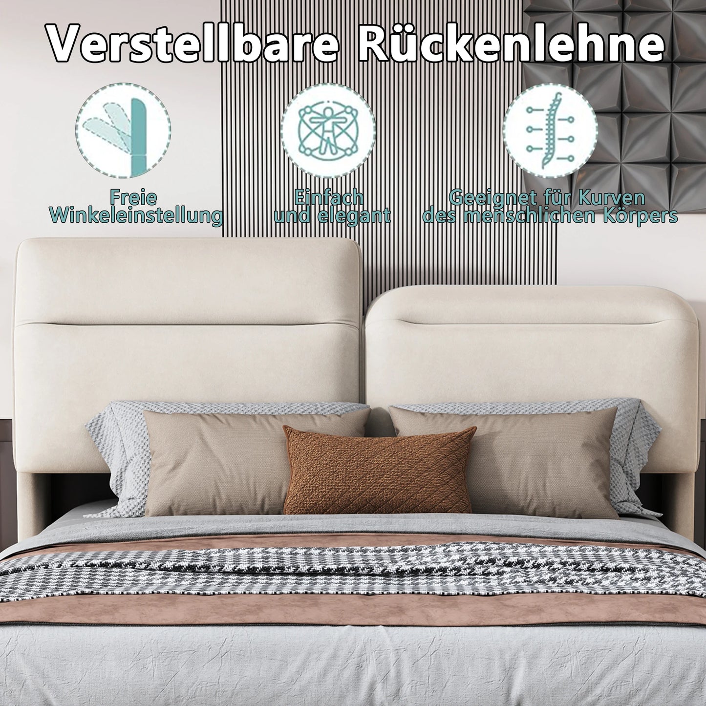 Creahappy – Weich gepolstertes Doppelbett – mit faltbarem, verstellbarem Kopfteil – hydraulischer Stangenbettrahmen – LED-Streifenbeleuchtung unter dem Bett