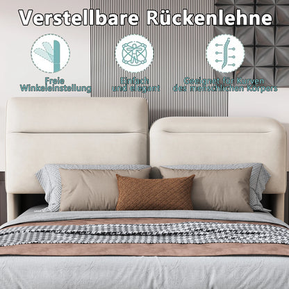 Creahappy – Weich gepolstertes Doppelbett – mit faltbarem, verstellbarem Kopfteil – hydraulischer Stangenbettrahmen – LED-Streifenbeleuchtung unter dem Bett