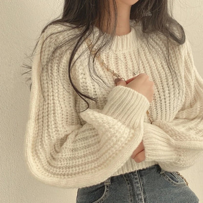 Koreanische Lose Langarm Pullover Mode Frauen Harajuku Laterne Stricken Oansatz Solide Grund Jumper Herbst Winter Weiche Warme Pullover