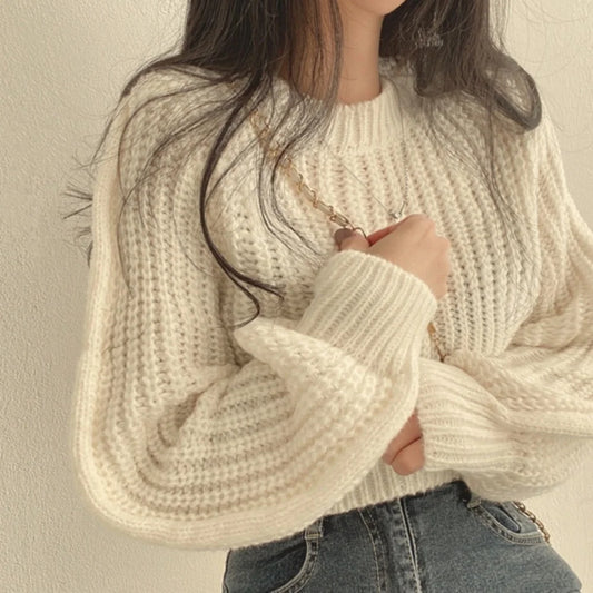Koreanische Lose Langarm Pullover Mode Frauen Harajuku Laterne Stricken Oansatz Solide Grund Jumper Herbst Winter Weiche Warme Pullover