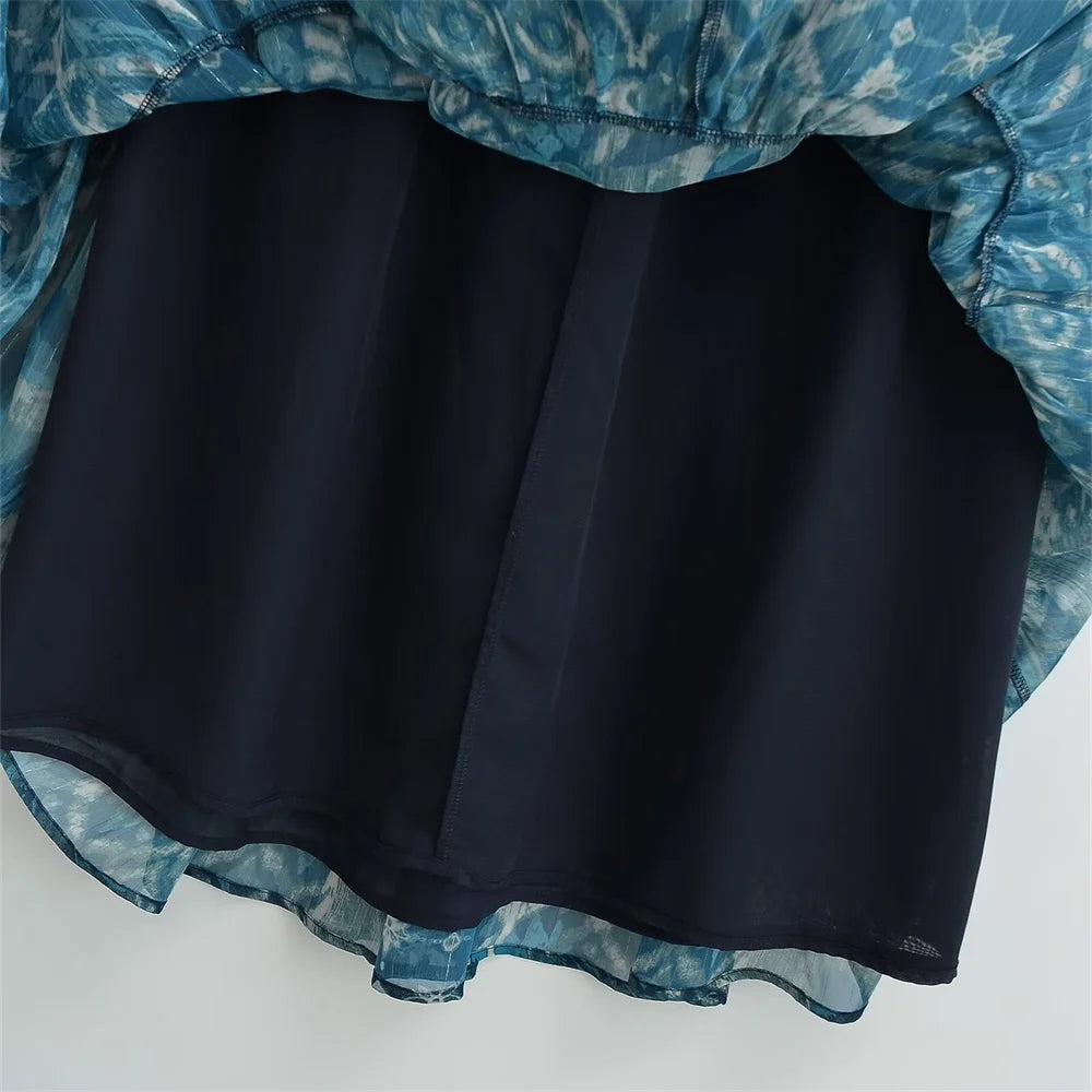 2024ZAR * Spring/Summer New Women's French Metallic Line Printed Cover Up High Waist Elastic Lace up Long Dress.