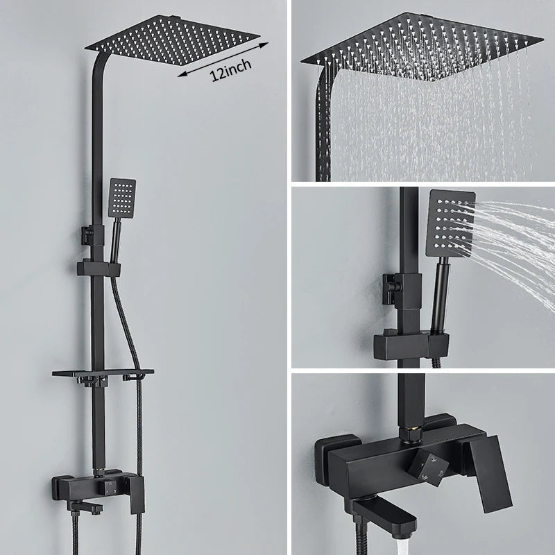 Black Chrome 3/4-way Shower Faucet Rainfall Shower Hot Cold Water Mixer Bidet Faucet Commodity Shelf For Bathroom Shower Mixer