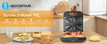 Aigostar Sandwich Maker XXL for 4 Sandwiches, 1400 W, Sandwich Toaster with Non-Stick Coating, Fast Heating, Temperature Control.