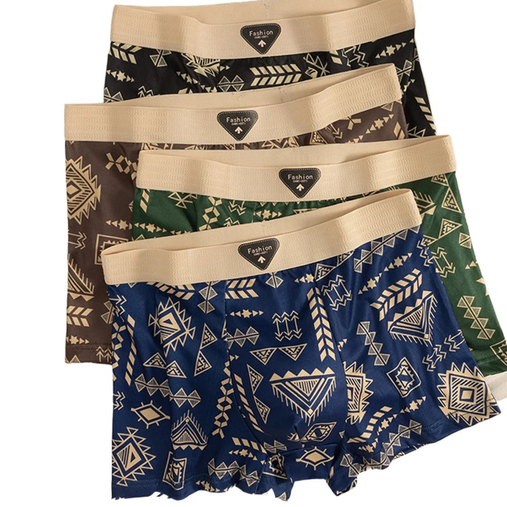 4Pcs Boxer Shorts männer Unterwäsche Eis Seide Unterhose Sexy Höschen Gedruckt Boyshort Atmungsaktive Elastische Dessous Plus Größe L-4XL