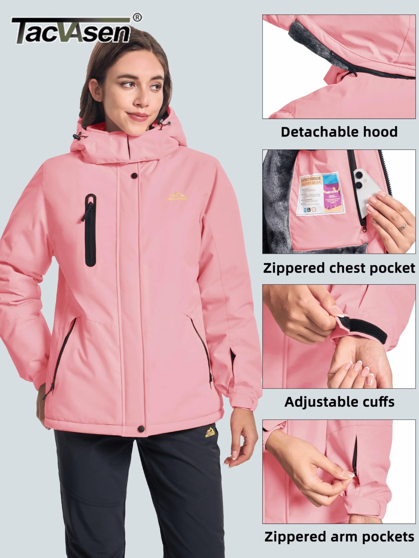 TACVASEN Winter Fleece Lined Hooded Parka Jacket Womens Ski Snowboard Warm Coats Waterproof 5 Zipper Pockets Windbreaker Outwear.