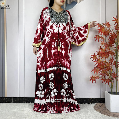 2025 New African Abaya For Women Dress Loose Batwing Sleeve Pockets High-quality Tie-dye Pure Cotton Fabric Women Islam Clothing.